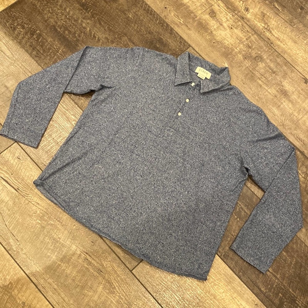 J CREW Heather Grey Heavyweight Long Sleeve Polo Shirt Large 100% Cotton
